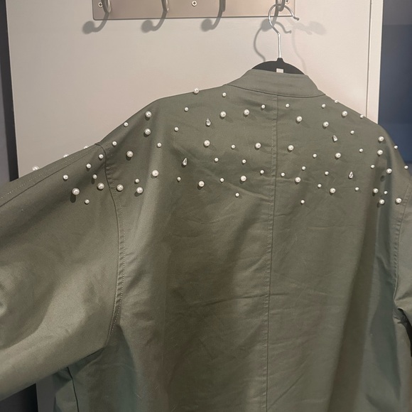 River Island Khaki Pearl & Rhinestone Studded Zip Up Canvas Bomber Jacket Size S - Picture 6 of 12
